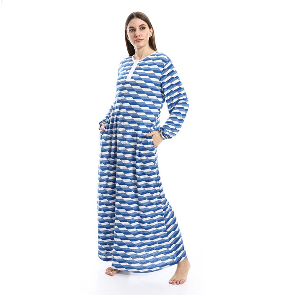 White & Blue Shades Self Patterned Nightgown