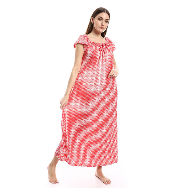 Cap Sleeves Self Patterned Nightgown - White & Watermelon