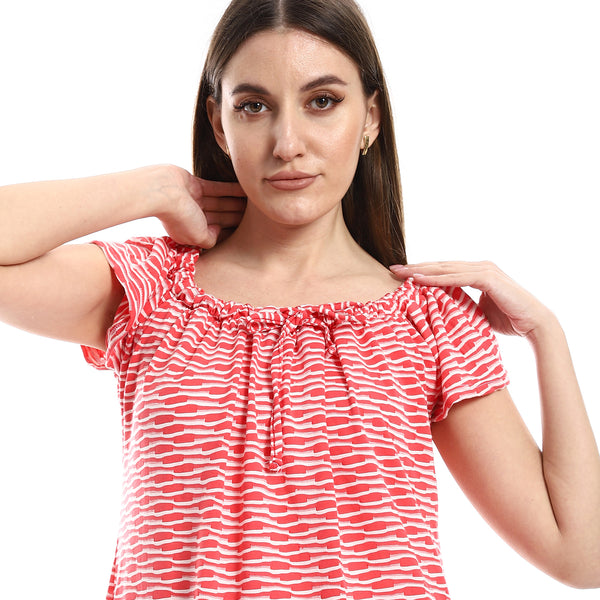 Cap Sleeves Self Patterned Nightgown - White & Watermelon