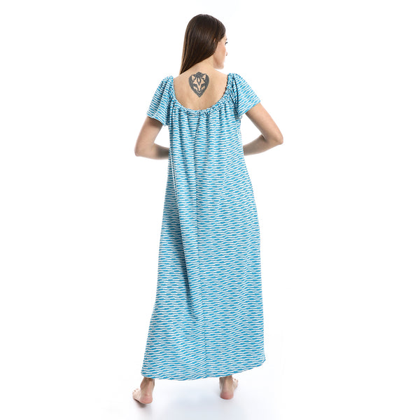 Lace Closure Neck White & Aqua Blue Nightgown