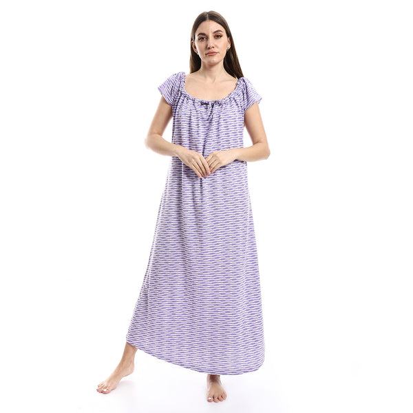 Self Patterned Cotton Nightgown - White & Pale Purple