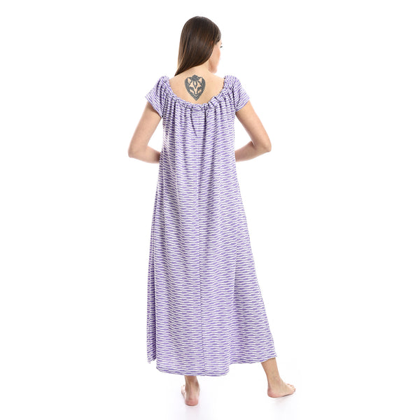Self Patterned Cotton Nightgown - White & Pale Purple