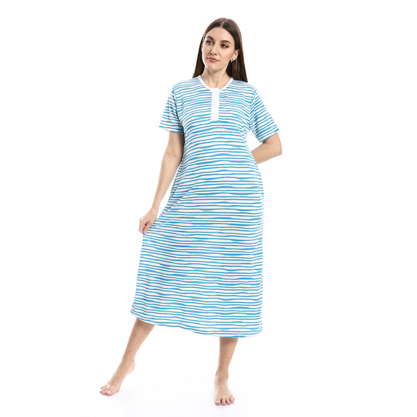 Short Sleeves White & Aqua Blue Uneven Striped Nightgown