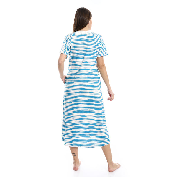 Short Sleeves White & Aqua Blue Uneven Striped Nightgown