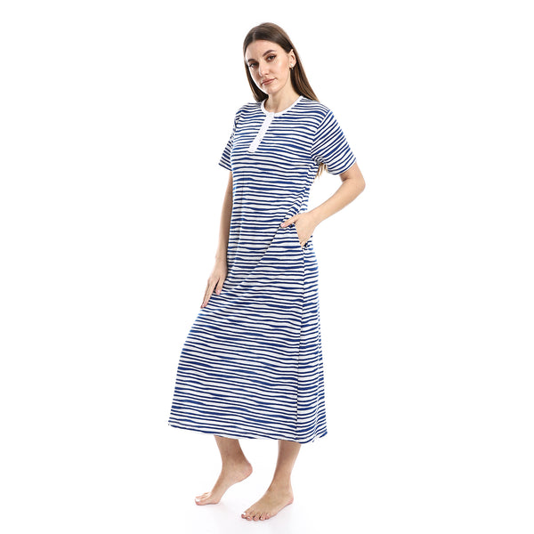Navy Blue & WHite Uneven Horizontal Striped Nightgown