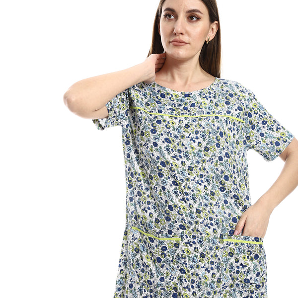 Off-White, Lime & Navy Blue Floral Patterned Nightgown