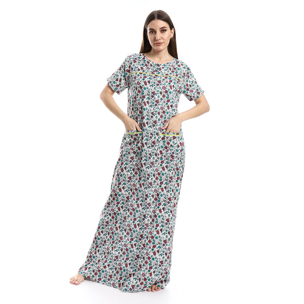 Short Sleeves Floral Nightgown - Off-White, Tiffany Green & Cashmere