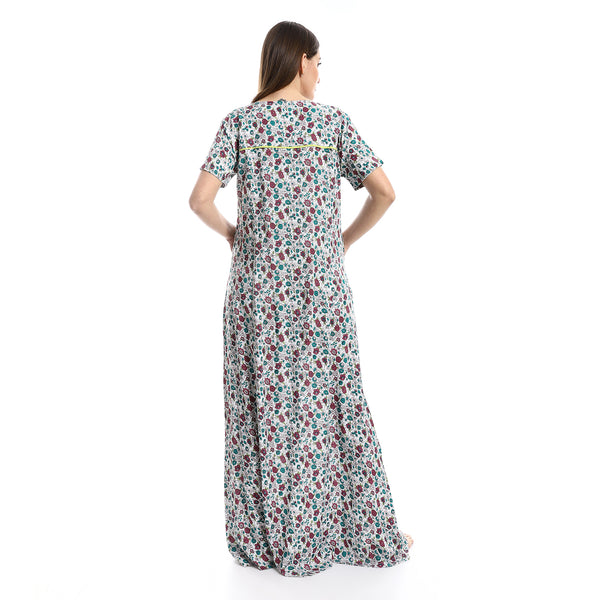 Short Sleeves Floral Nightgown - Off-White, Tiffany Green & Cashmere