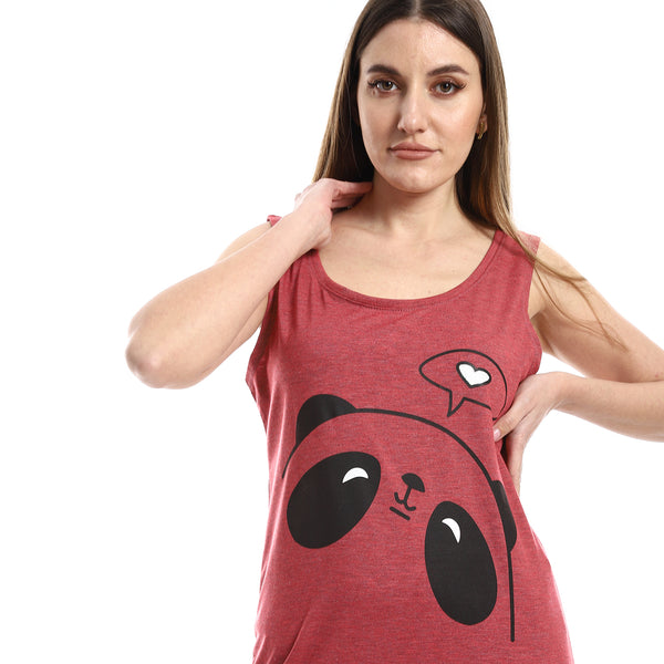 Printed Sleepshirt In Brick Brown With Chest Panda Face Print