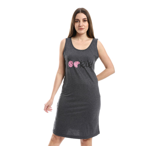 Sleeveless Knee Length Charcoal Printed Sleepshirt