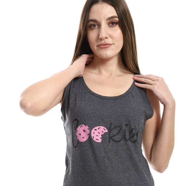 Sleeveless Knee Length Charcoal Printed Sleepshirt
