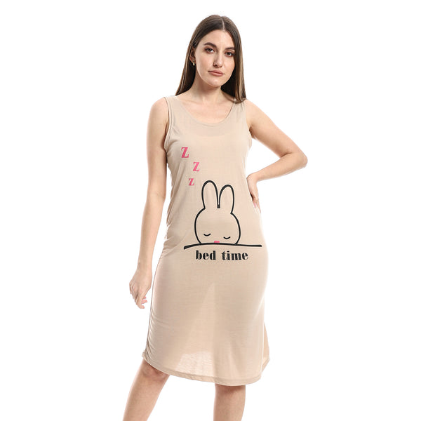 Essential Cotton Sleepshirt With Chest Print - Beige