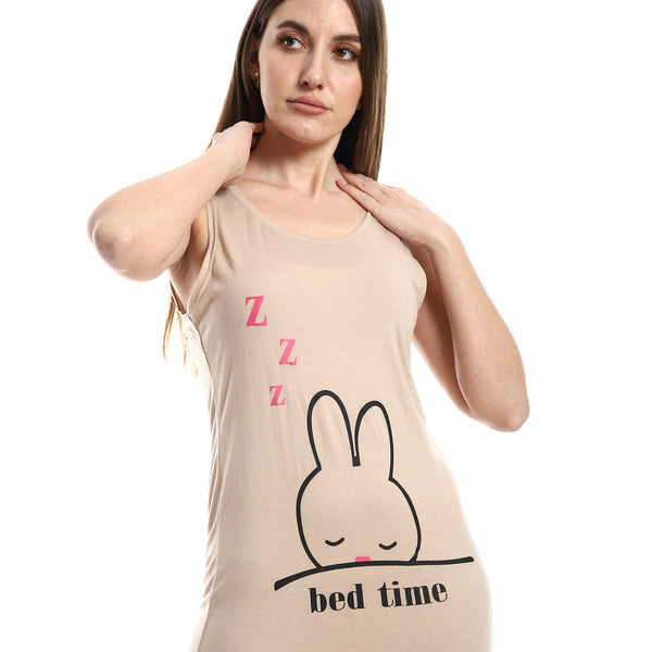 Essential Cotton Sleepshirt With Chest Print - Beige