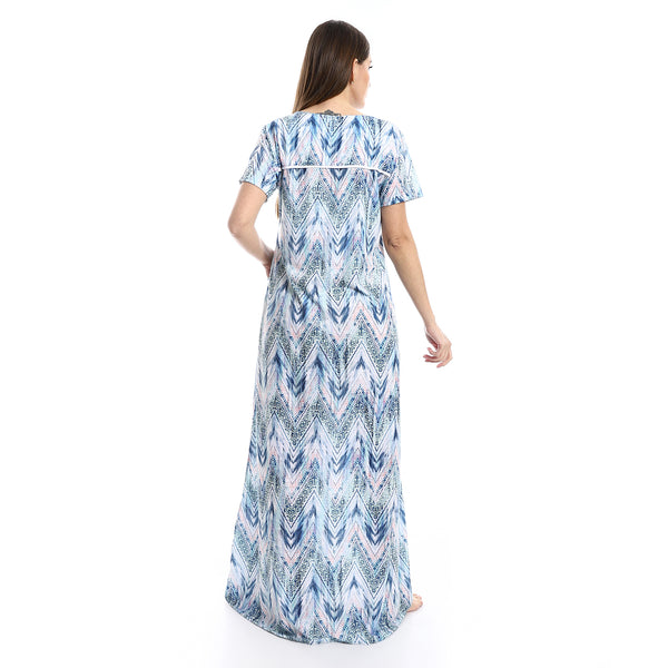 Multi-Patterned Short Sleeves Nightgown - Shades Of Blue