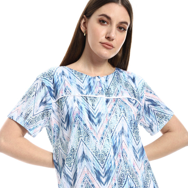 Multi-Patterned Short Sleeves Nightgown - Shades Of Blue