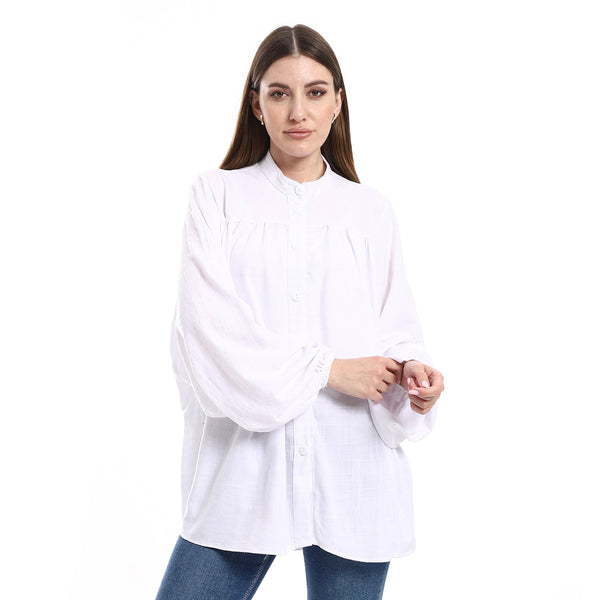 Over Size Self Pattern Buttons Shirt Banded Collar - White