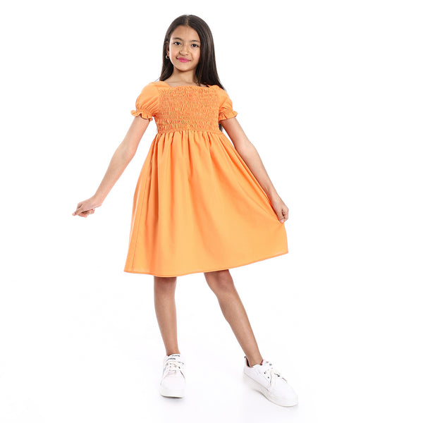 Short Puffed Sleeves Square Neck Orange Girls Dress