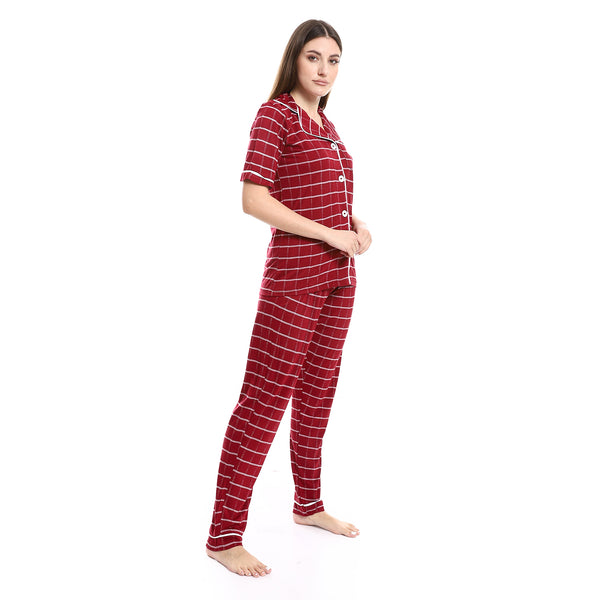 Long Sleeves Pajama Set With Buttons - Dark Red & White