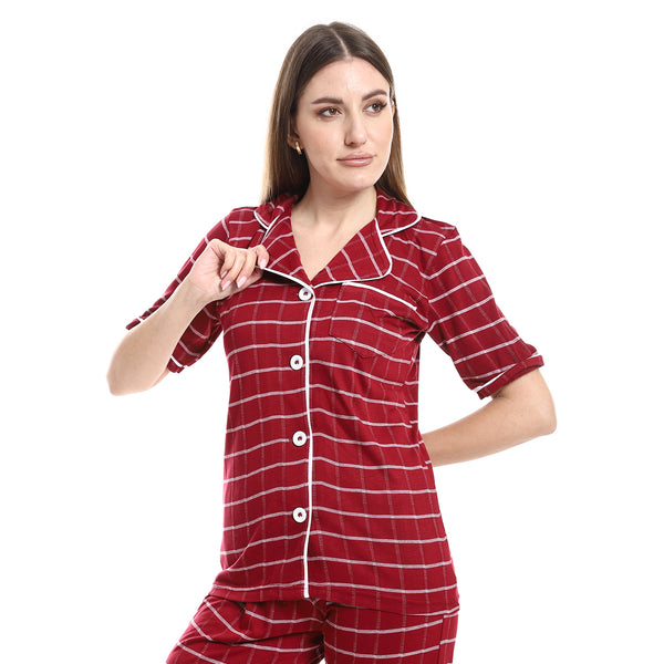 Long Sleeves Pajama Set With Buttons - Dark Red & White