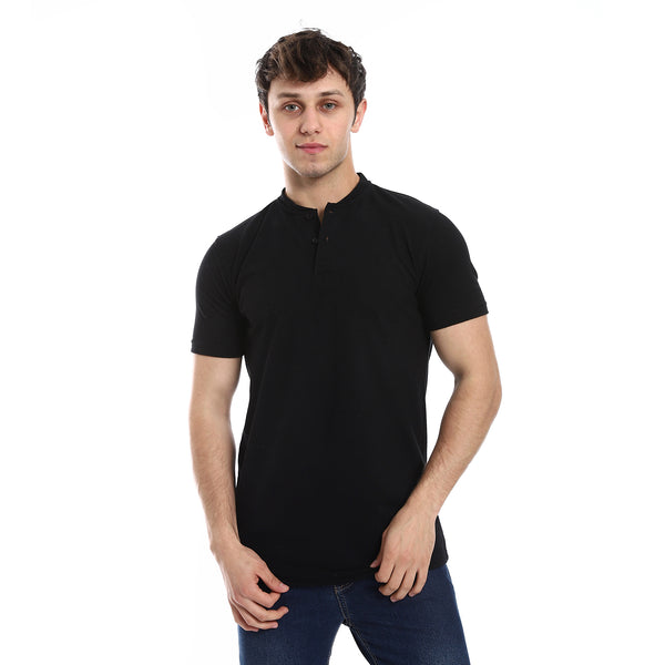 Basic Henely Neck T-Shirt With Neck Collar - Black
