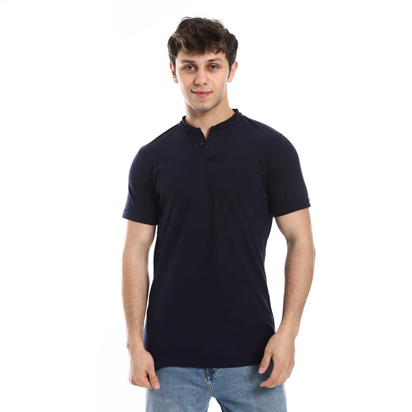 Basic T-Shirt Henely Neck Cotton Men Short Sleeve - Navy Blue
