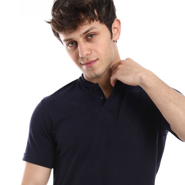 Basic T-Shirt Henely Neck Cotton Men Short Sleeve - Navy Blue