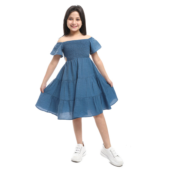 Girls Elastic Sleeves & Off Shoulders Dress - indigo