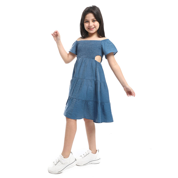 Girls Elastic Sleeves & Off Shoulders Dress - indigo