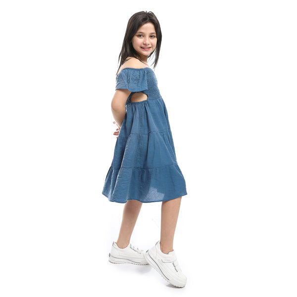 Girls Elastic Sleeves & Off Shoulders Dress - indigo
