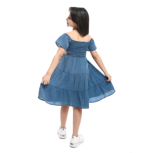 Girls Elastic Sleeves & Off Shoulders Dress - indigo