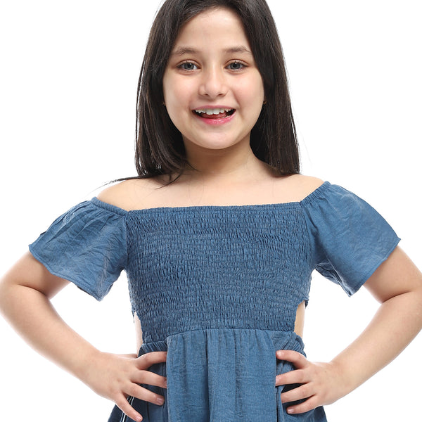 Girls Elastic Sleeves & Off Shoulders Dress - indigo