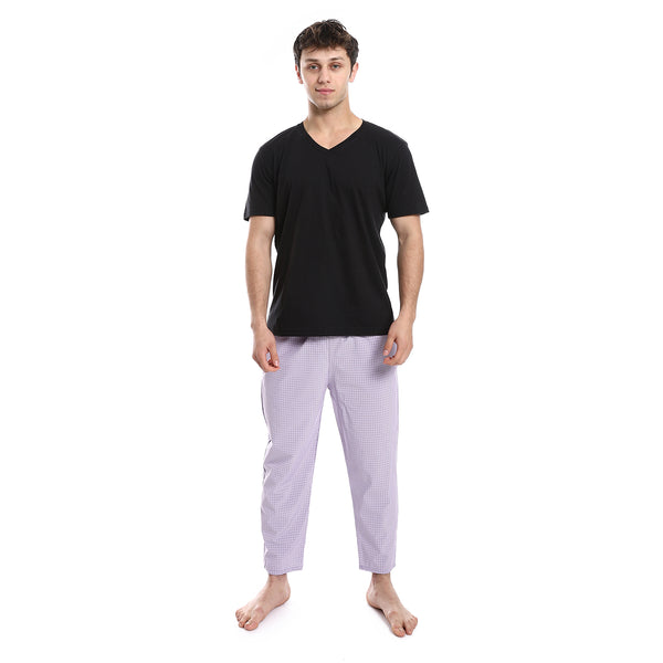 short_sleeve_checkered_pattern_pants_pajama_set_-_black_-_purple