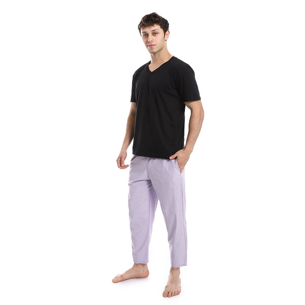 Short Sleeve Checkered Pattern Pants Pajama Set - Black & Purple
