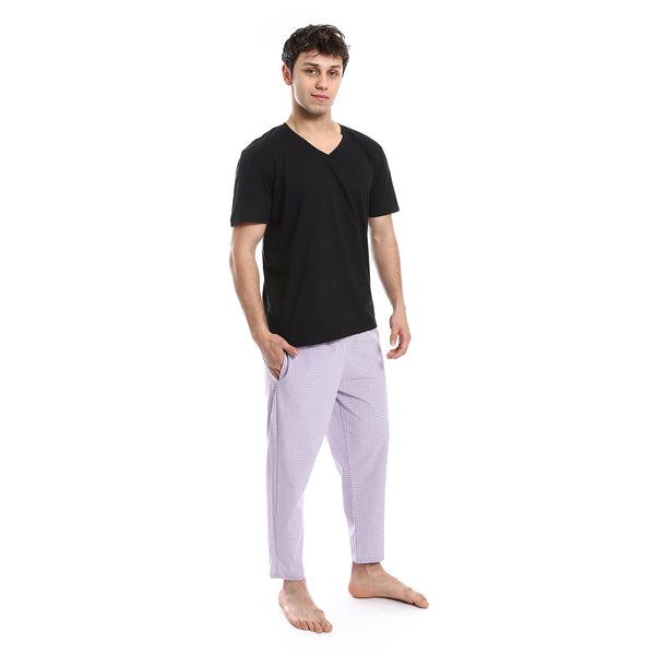 short_sleeve_checkered_pattern_pants_pajama_set_-_black_-_purple