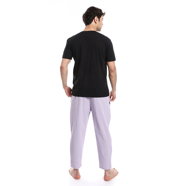short_sleeve_checkered_pattern_pants_pajama_set_-_black_-_purple