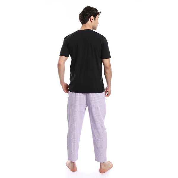 Short Sleeve Checkered Pattern Pants Pajama Set - Black & Purple