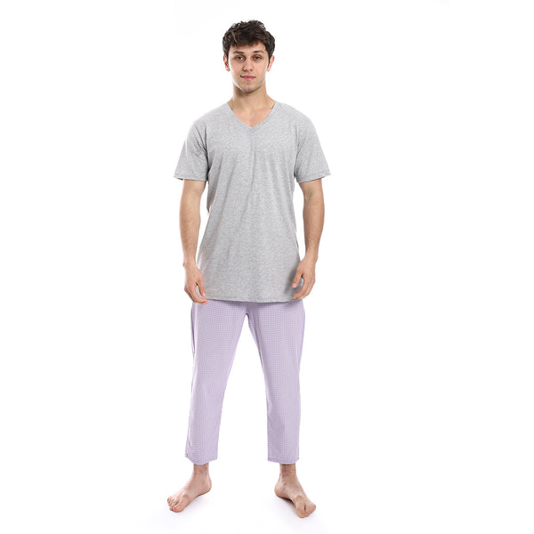 Short Sleeve Checkered Pattern Pants Pajama Set - Light Gray & Purple