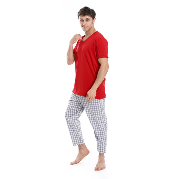 Short Sleeve Checkered Pattern Pants Pajama Set - Red & Gray