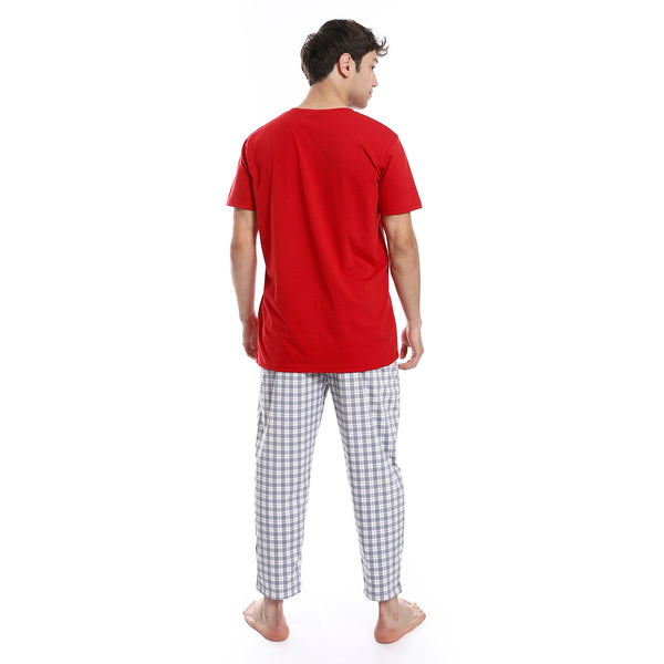 Short Sleeve Checkered Pattern Pants Pajama Set - Red & Gray