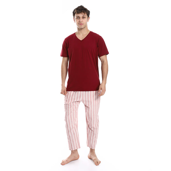 Short Sleeve Striped Pattern Pants Pajama Set - Dark Red & Beige
