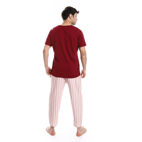 Short Sleeve Striped Pattern Pants Pajama Set - Dark Red & Beige