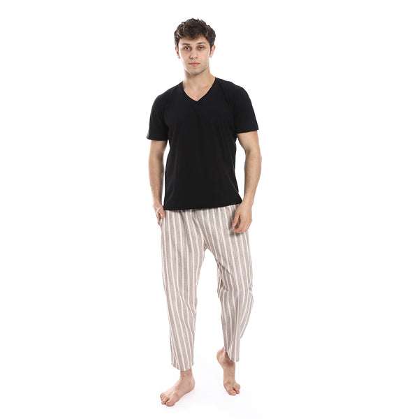 Short Sleeve Striped Pattern Pants Pajama Set - Black & Beige