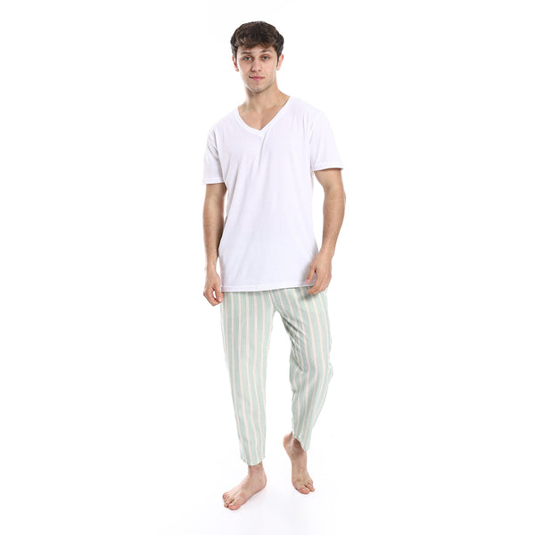 Short Sleeve Striped Pattern Pants Pajama Set - White & Mint