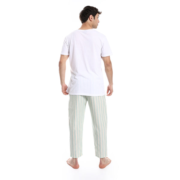 Short Sleeve Striped Pattern Pants Pajama Set - White & Mint