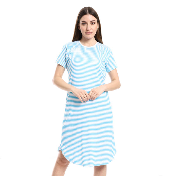 Short Sleeves Round Neck Nightwear Sleepshirt - Sky Blue & White