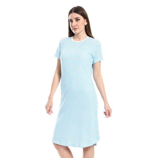Short Sleeves Round Neck Nightwear Sleepshirt - Sky Blue & White