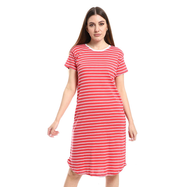 Short Sleeves Round Collar Nightwear Sleepshirt - Red & White