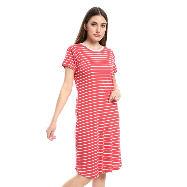 Short Sleeves Round Collar Nightwear Sleepshirt - Red & White