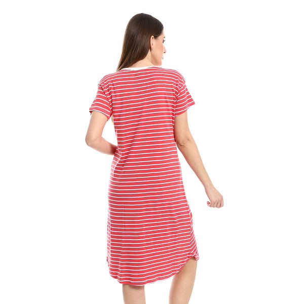 Short Sleeves Round Collar Nightwear Sleepshirt - Red & White