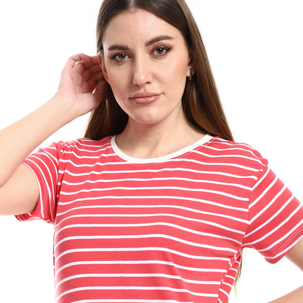 Short Sleeves Round Collar Nightwear Sleepshirt - Red & White